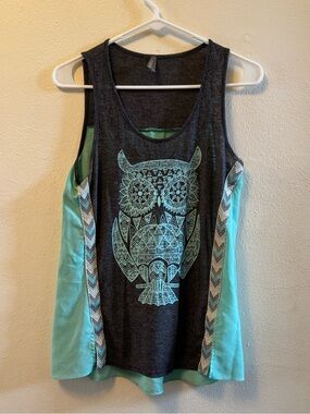 Vanity Tribal Owl Graphic Tank Top Charcoal with Aqua Contrast Panels Size M